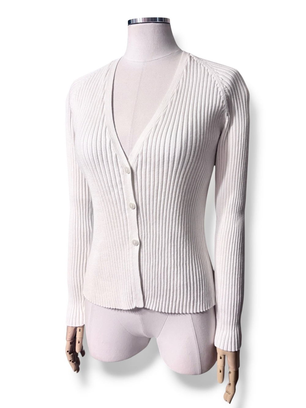 GAP White Ribbed Cotton V-Neck Cardigan